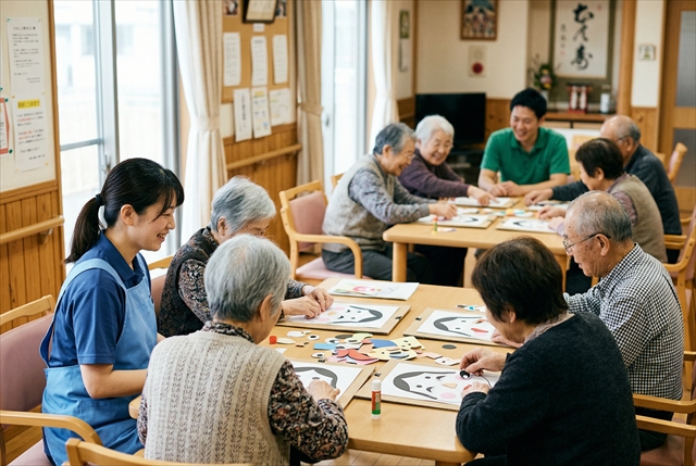 高齢者レクリエーションで福笑いをする