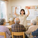 ジェスチャーゲームをする介護職員と考えている高齢者