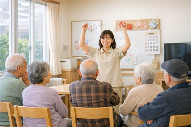 ジェスチャーゲームをする介護職員と考えている高齢者