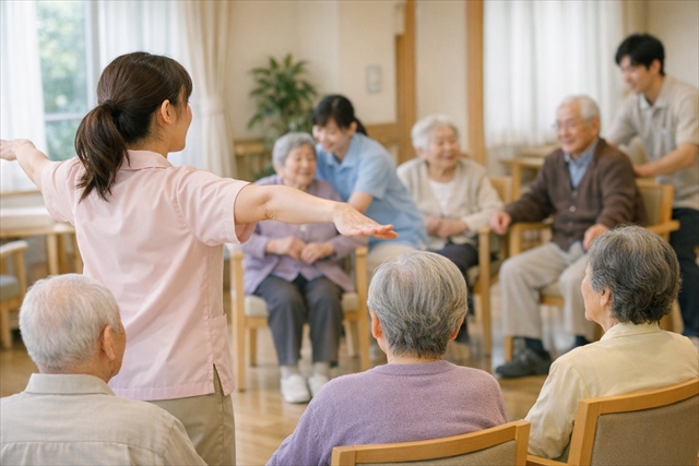 鳥のジェスチャーをする介護職員と回答を考えている高齢者