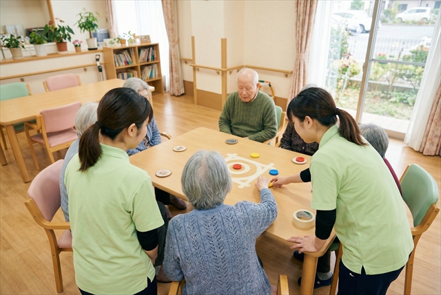 テーブルカーリングで楽しむ高齢者と介護職