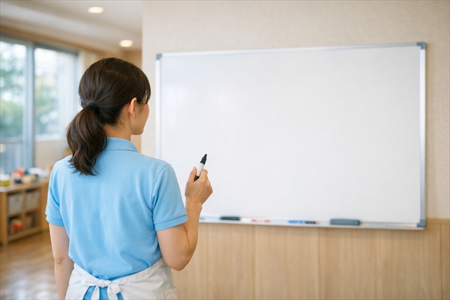 レクのホワイトボードを準備する介護職員