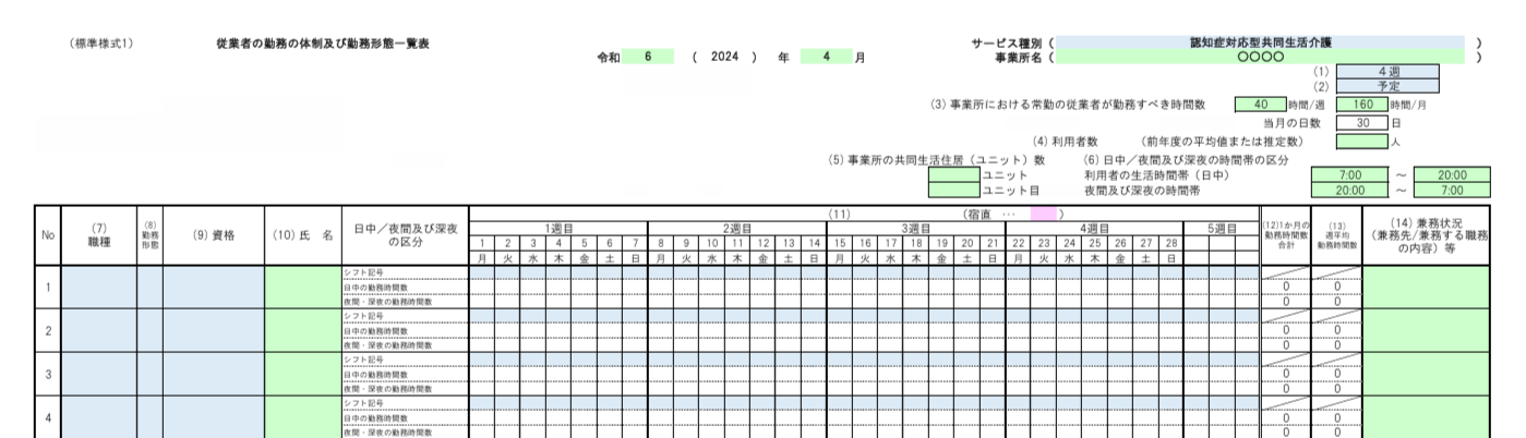 厚生労働省「（標準様式1）従業者の勤務の体制及び勤務形態一覧表」