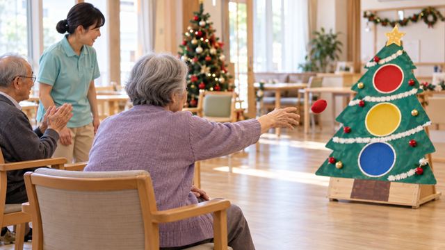 クリスマスレクでボール投げをする高齢者