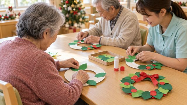 介護施設のクリスマス準備 リーフを作る高齢者と介護職員